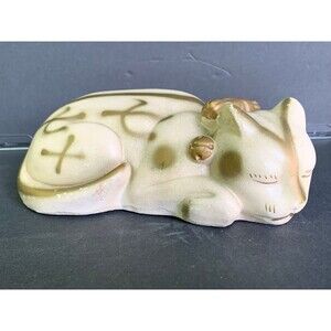 Vintage Chalkware Sleeping Cat - White with gold paint - 2.75”  x 7.5” x 4.25